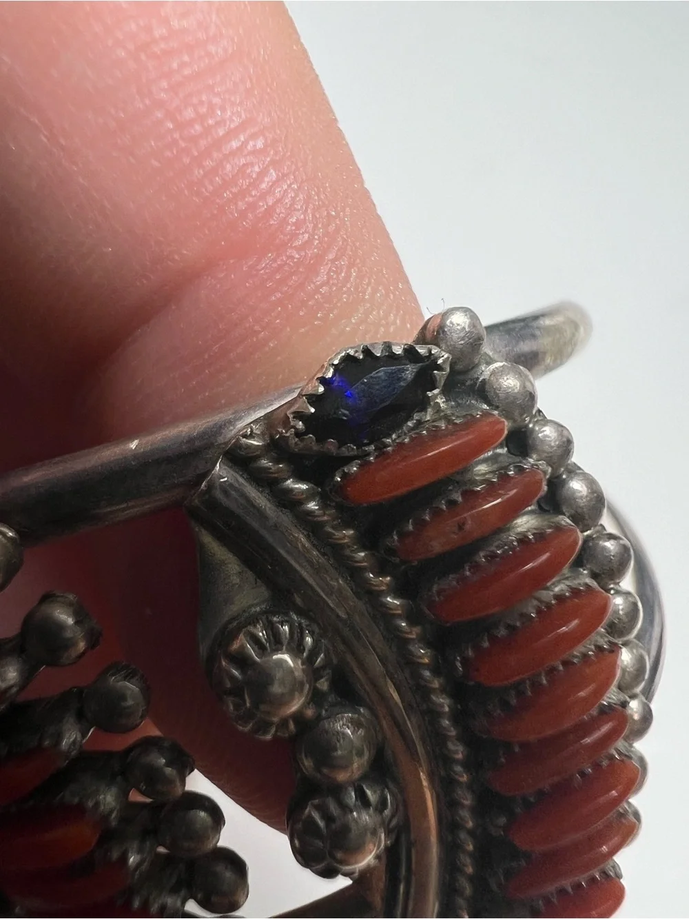 Ray & Eva Wyaco ZUNI Zuni needlepoint coral cluster cuff Sterling bracelet